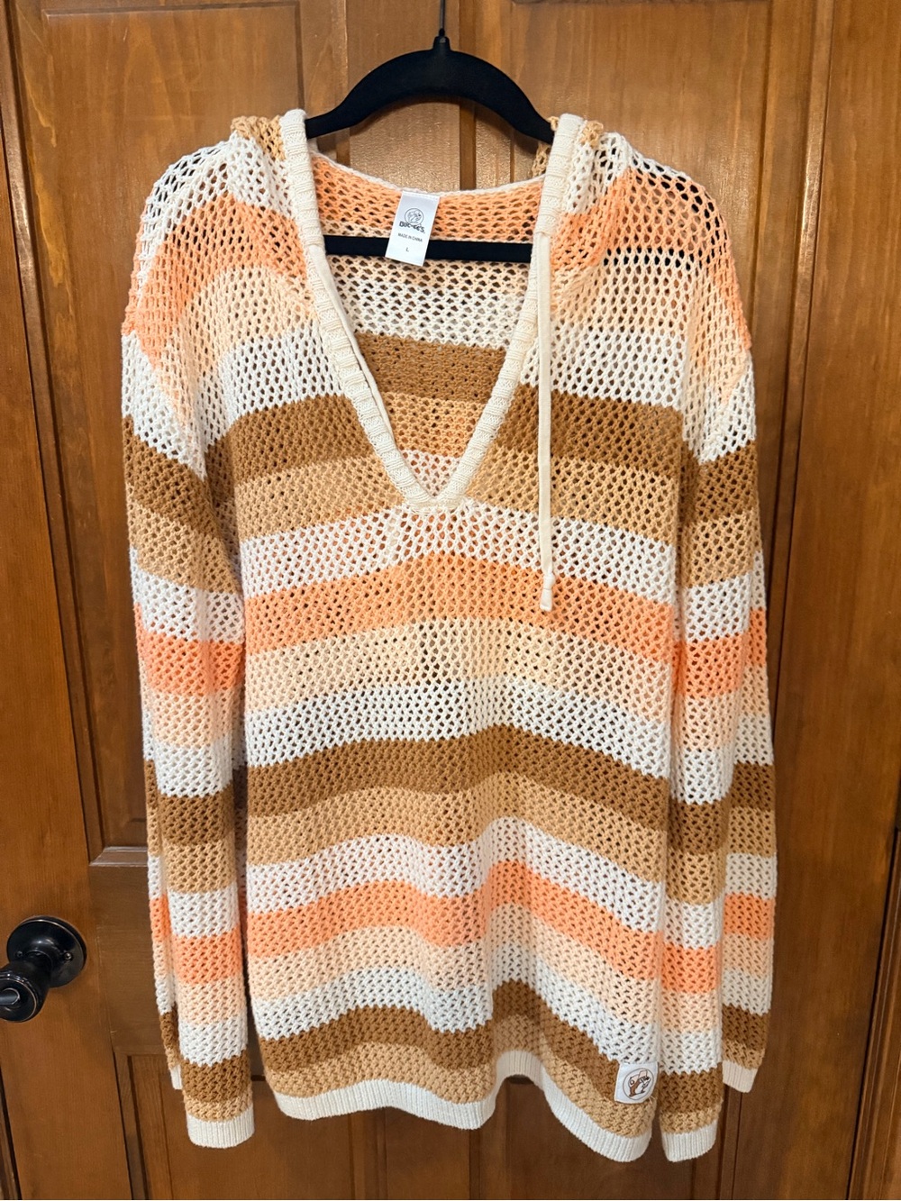 Beachy Striped V-Neck Hoodie Sweater - Cream, Tan & Peach